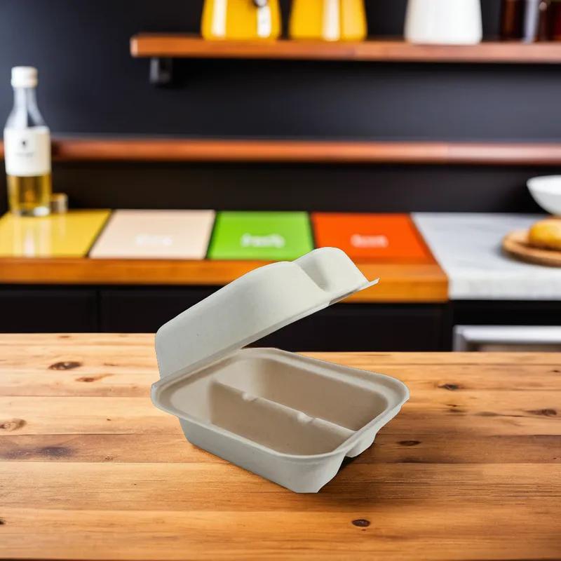 Taco Take-Out Container Hinged With Dome Lid 7.25X5.86X3.38 IN 2 Compartment Plant Fiber Bamboo Kraft Rectangle 300/Case