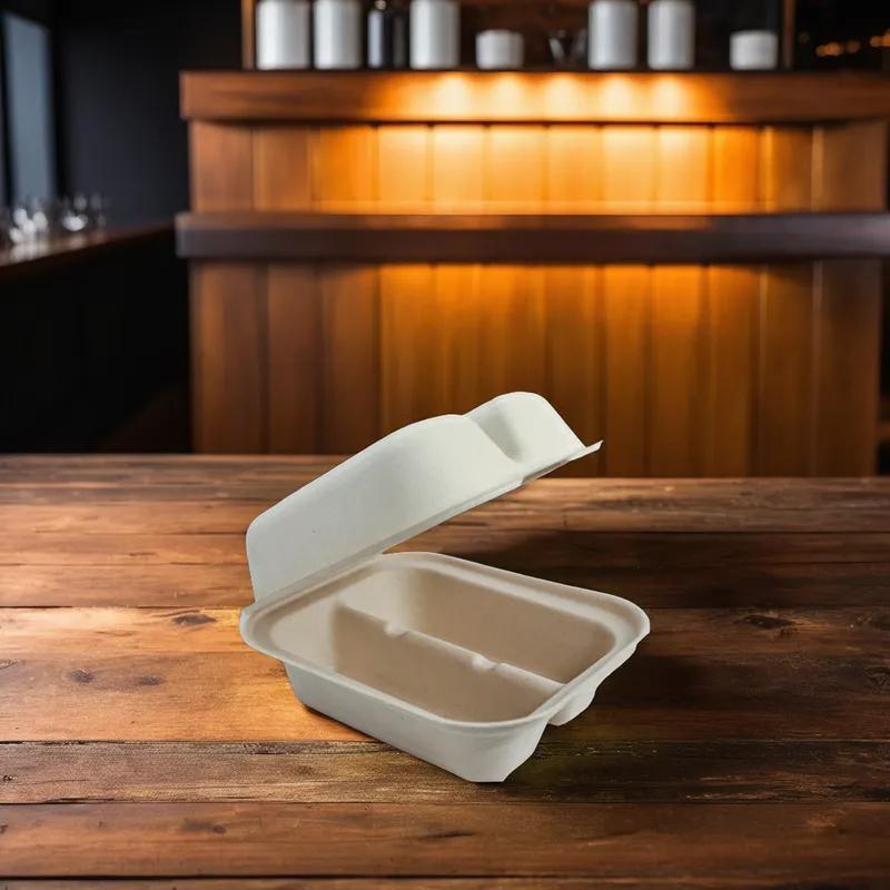 Taco Take-Out Container Hinged With Dome Lid 7.25X5.86X3.38 IN 2 Compartment Plant Fiber Bamboo Kraft Rectangle 300/Case