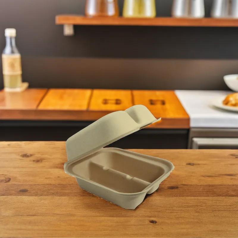 Taco Take-Out Container Hinged With Dome Lid 7.25X5.86X3.38 IN 2 Compartment Plant Fiber Bamboo Kraft Rectangle 300/Case