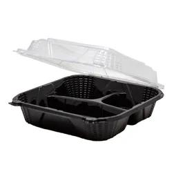 Take-Out Container Hinged With Dome Lid 9.25X9.125X3 IN 3 Compartment PP Black Clear Square 150/Case