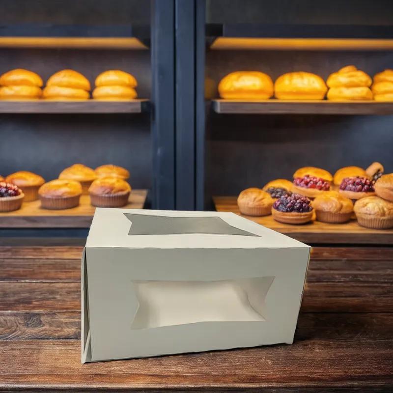 Bakery Box 8X8X4 IN SBS Paperboard White Square Tuck Top 4 Corner Beers Automatic With Window 150/Bundle
