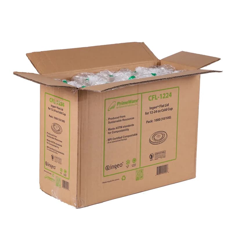 PrimeWare® Lid Flat 3.86 IN CPLA Clear For 20 OZ Cold Cup With Hole 100 Count/Pack 10 Packs/Case 1000 Count/Case