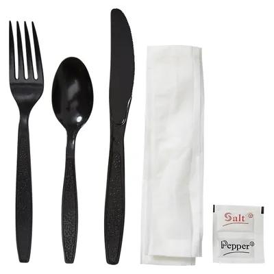 6PC Cutlery Kit PS Black Heavy Duty With 13X17 Napkin,Fork,Knife,Salt & Pepper,Teaspoon 250/Case