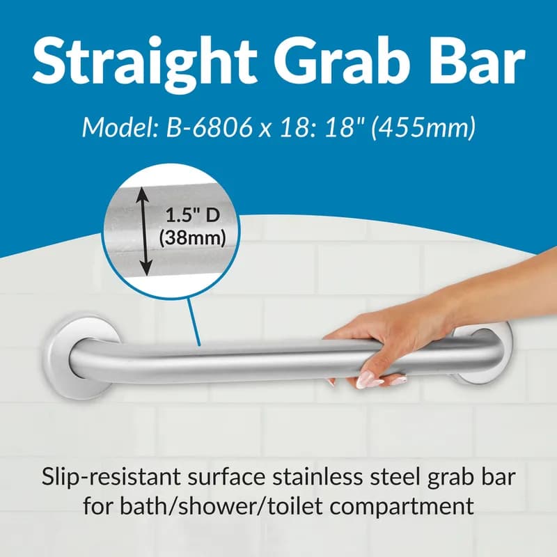 Grab Bar 1.50X18 IN Stainless Steel Straight Satin 1/Each