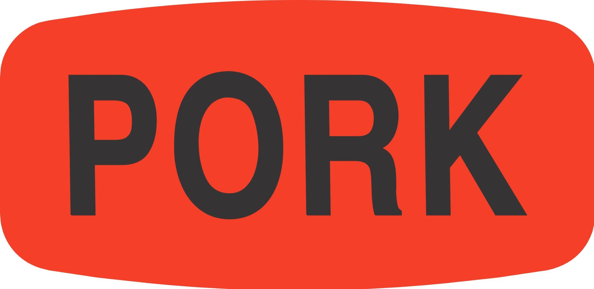 Pork Label 0.625X1.25 IN Black Fluorescent Red Short Oval Dayglo 1000 Count/Roll 50 Rolls/Case 50000 Count/Case