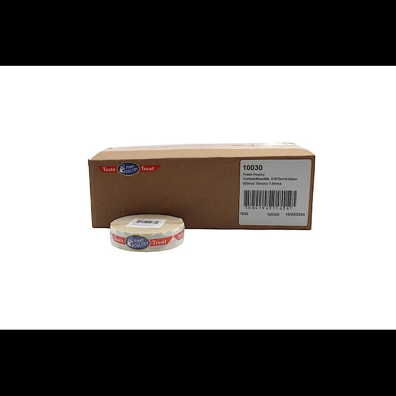 Fresh Poultry Meat Label 0.875X4 IN Yellow Red Blue Ribbon Strap 500 Count/Roll 15 Rolls/Case 7500 Count/Case