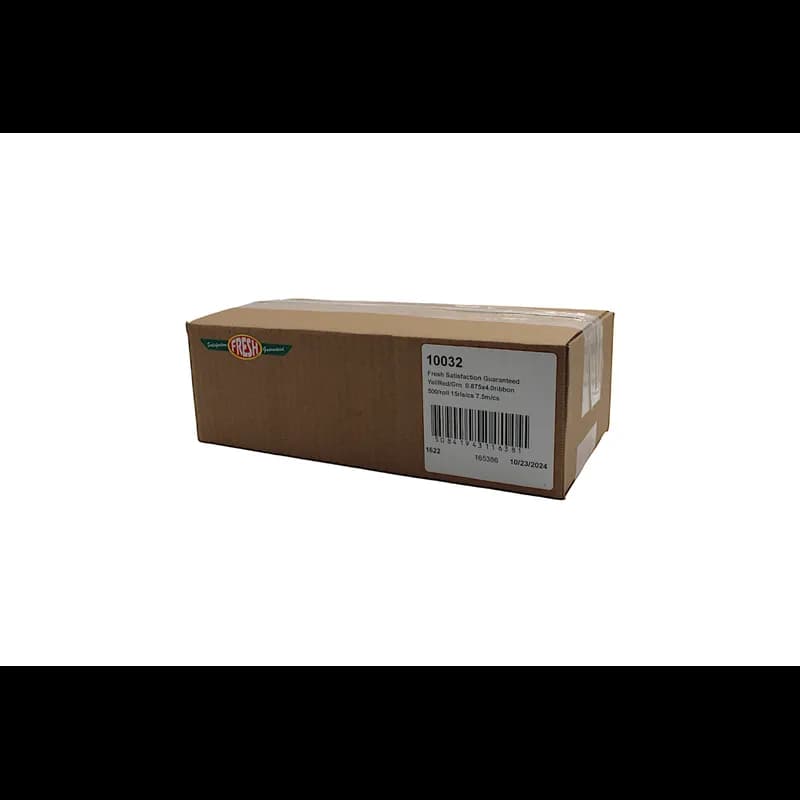 Fresh Satisfaction Guaranteed Meat Label 0.875X4 IN Yellow Red Green Ribbon Strap 500 Count/Roll 15 Rolls/Case