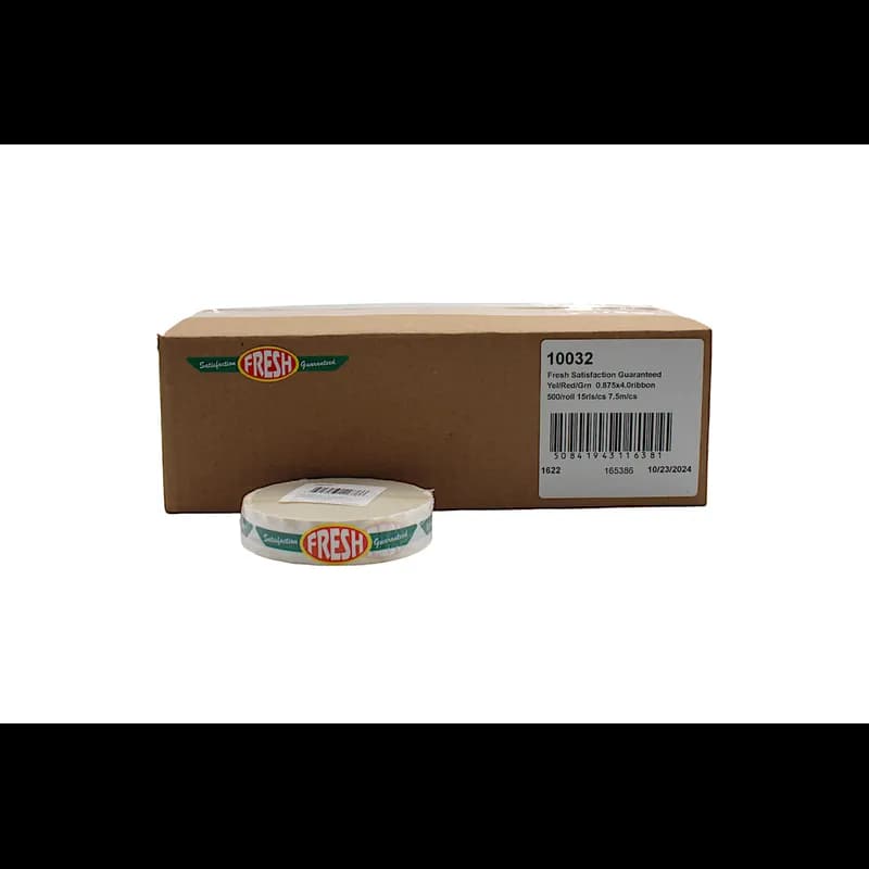 Fresh Satisfaction Guaranteed Meat Label 0.875X4 IN Yellow Red Green Ribbon Strap 500 Count/Roll 15 Rolls/Case