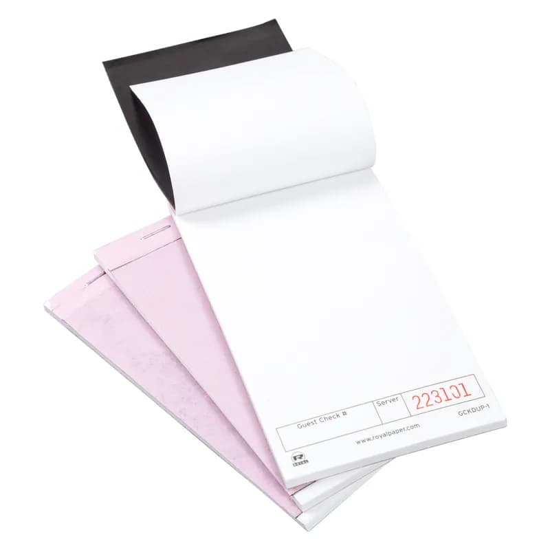 Guest Check Small (SM) Paper White 1-Part Booked Unlined 50 Count/Pack 100 Packs/Case 5000 Count/Case