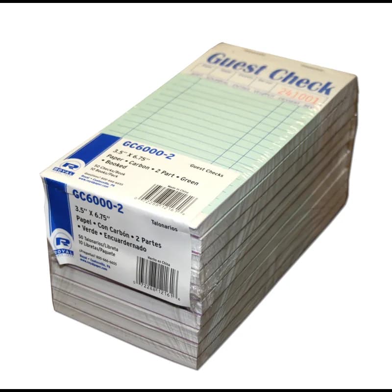Guest Check Medium (MED) Paper Green 2-Part Booked Duplicate Carbon Interleav 10 Count/Pack 5 Packs/Case 50 Count/Case