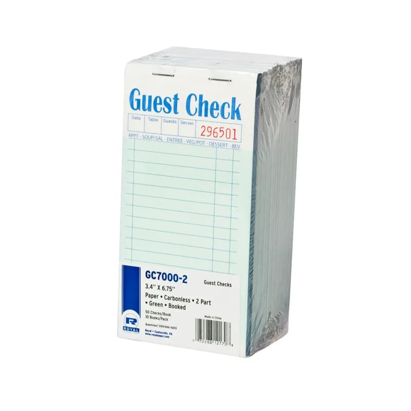 Guest Check Paper Green Carbonless 2-Part Booked 17 Lines 10 Count/Pack 5 Packs/Case 50 Count/Case