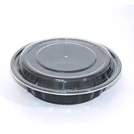 Take-Out Container Base & Lid Combo With Dome Lid 48 OZ Plastic Black Clear Round Deep 150/Case