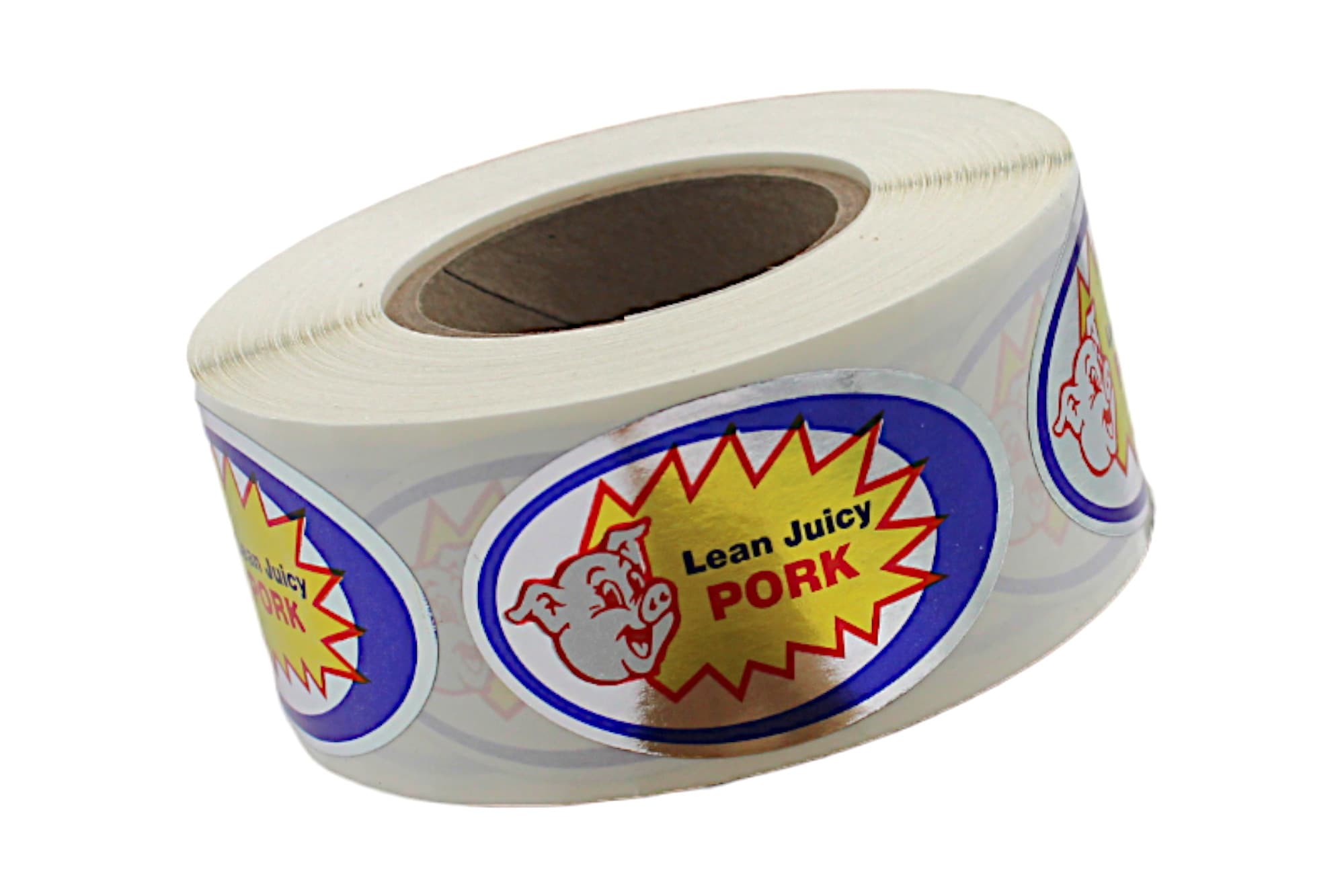 Lean Juicy Pork Meat Label 1.25X2 IN Silver Blue Yellow Red White With Pig Oval Foil 500 Count/Roll 20 Rolls/Case