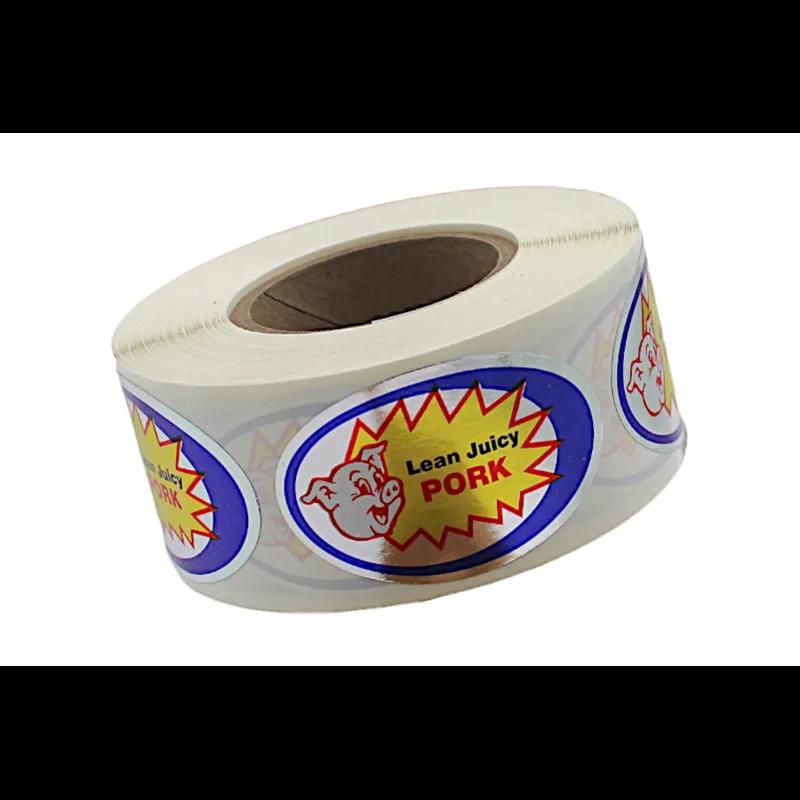 Lean Juicy Pork Meat Label 1.25X2 IN Silver Blue Yellow Red White With Pig Oval Foil 500 Count/Roll 20 Rolls/Case