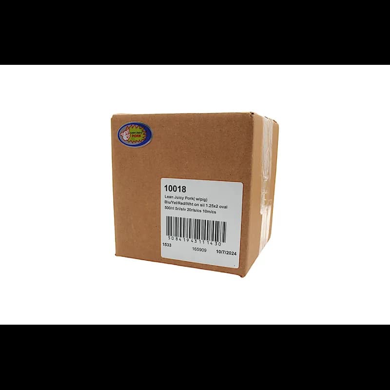 Lean Juicy Pork Meat Label 1.25X2 IN Silver Blue Yellow Red White With Pig Oval Foil 500 Count/Roll 20 Rolls/Case