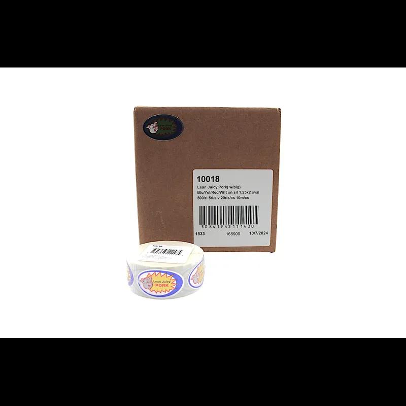 Lean Juicy Pork Meat Label 1.25X2 IN Silver Blue Yellow Red White With Pig Oval Foil 500 Count/Roll 20 Rolls/Case