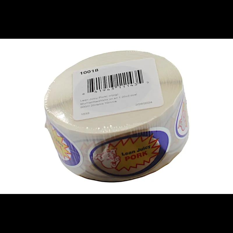 Lean Juicy Pork Meat Label 1.25X2 IN Silver Blue Yellow Red White With Pig Oval Foil 500 Count/Roll 20 Rolls/Case