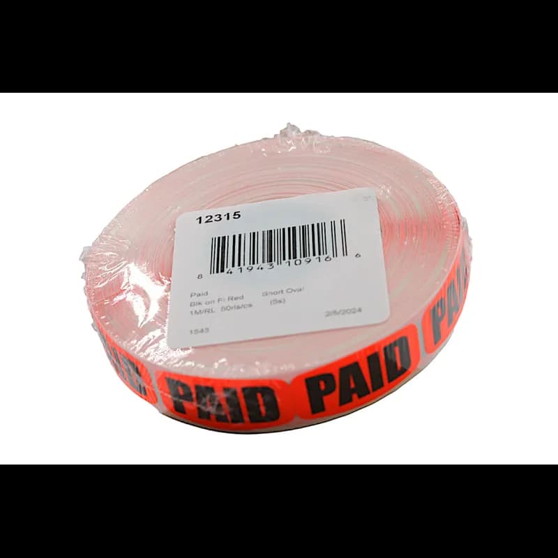Paid Label 0.625X1.25 IN Black Fluorescent Red Short Oval Dayglo 1000 Count/Roll 50 Rolls/Case 50000 Count/Case