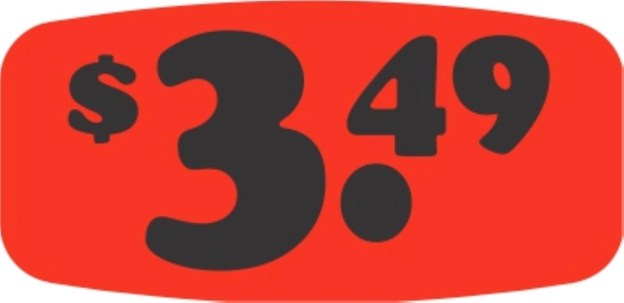 3.49 Price Label Black Fluorescent Red Short Oval Dayglo 1000 Count/Roll 50 Rolls/Case 50000 Count/Case