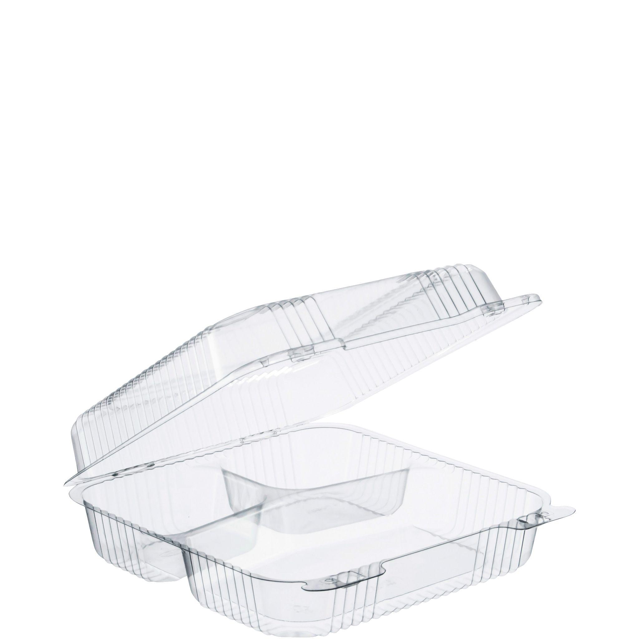Dart® StayLock® Take-Out Container Hinged Large (LG) 9X8.6X3 IN 3 Compartment OPS Clear Bar Lock 200/Case