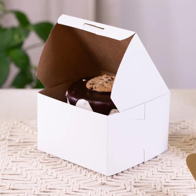 Bakery Box 6X6X4 IN Clay-Coated Kraft Board White Kraft Square Lock Corner Tuck Top 250/Case