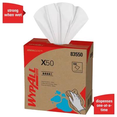 WypAll® X50 Cleaning Wipe 8.34X12.5 IN HydroKnit White Pop-Up Box 168 Sheets/Pack 10 Packs/Case 1680 Sheets/Case