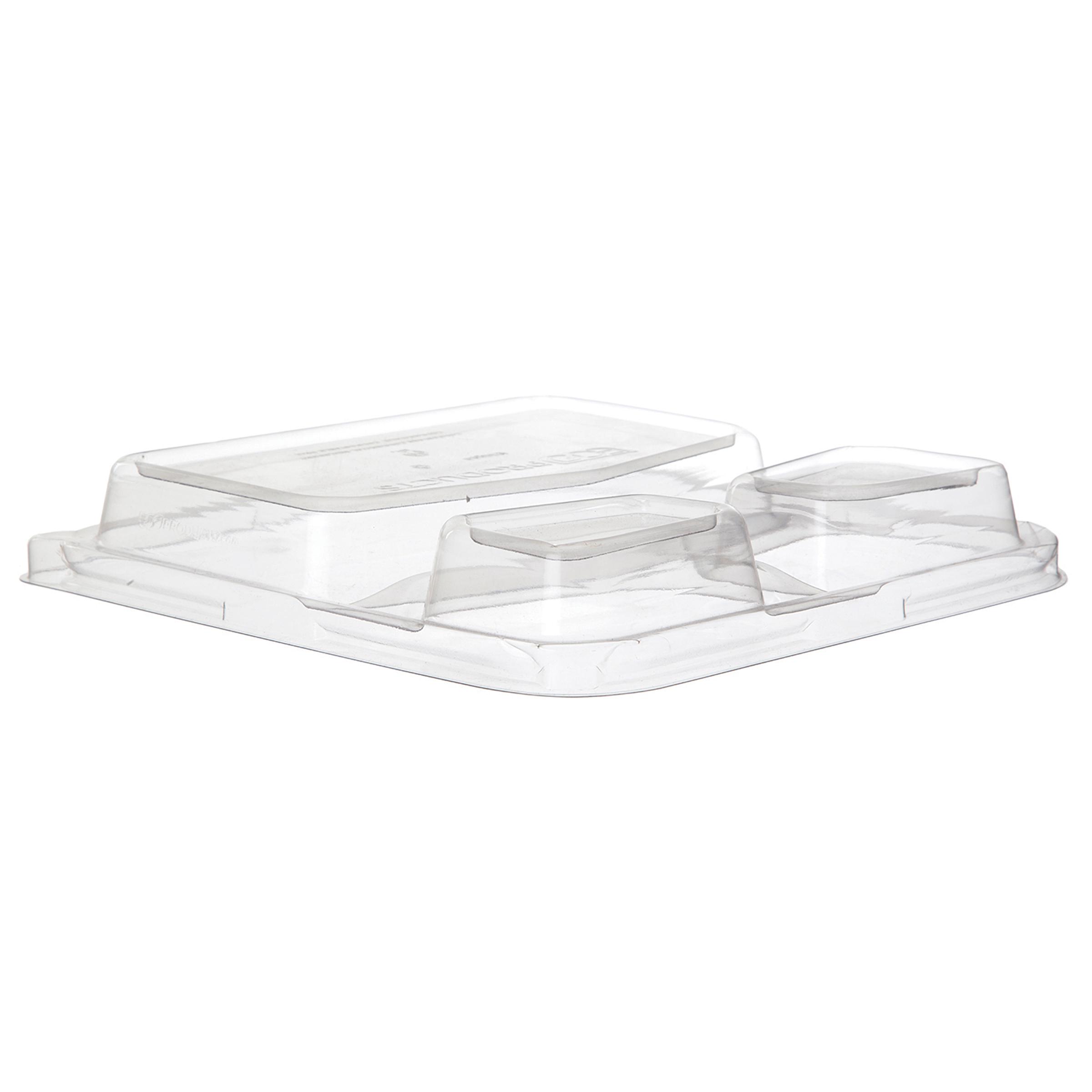 WorldView Lid Dome 9X9X3 IN 3 Compartment PLA Clear Square For Compartment Tray 200/Case