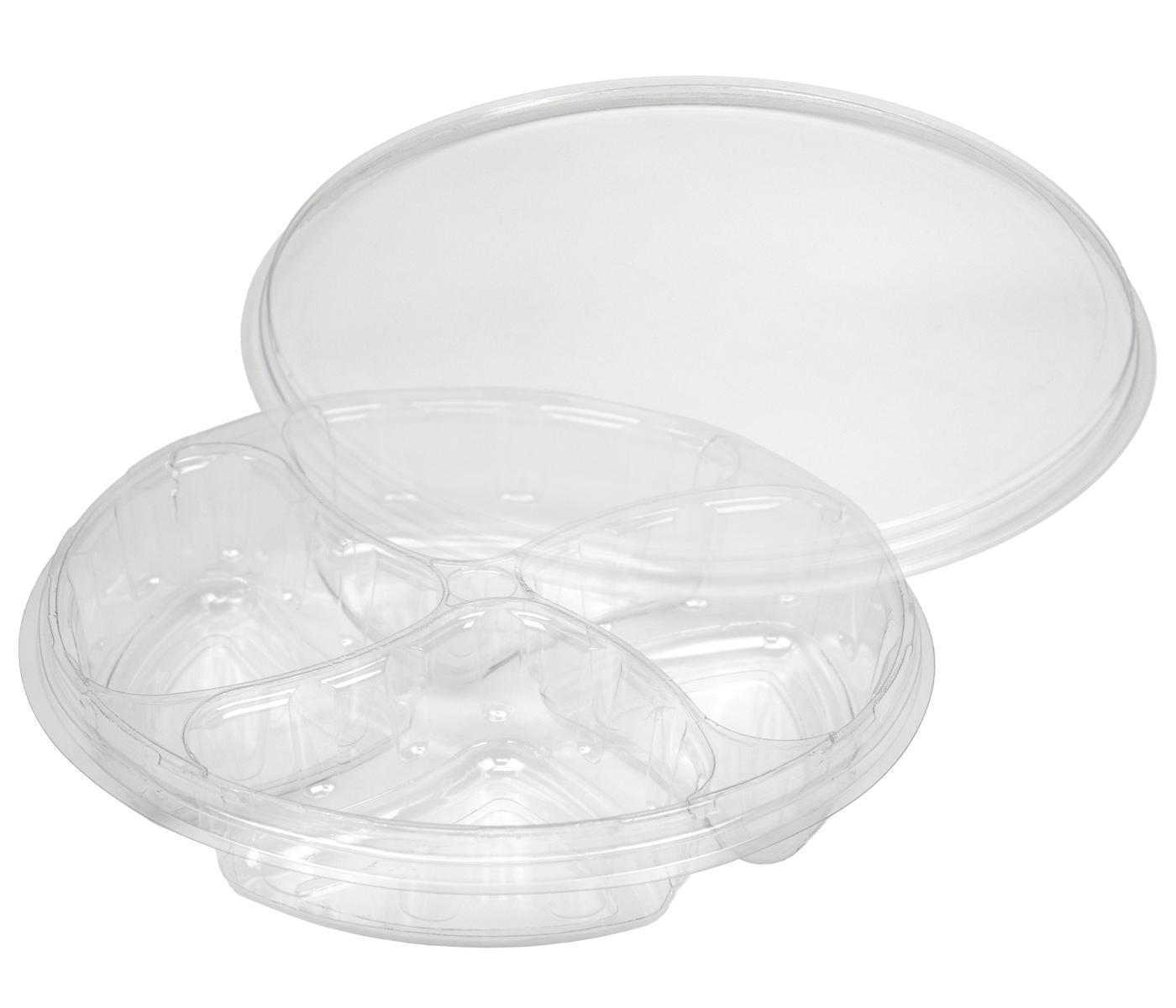 Deli Container Base & Lid Combo With Flat Lid 4 Compartment PET Clear Round 100/Case