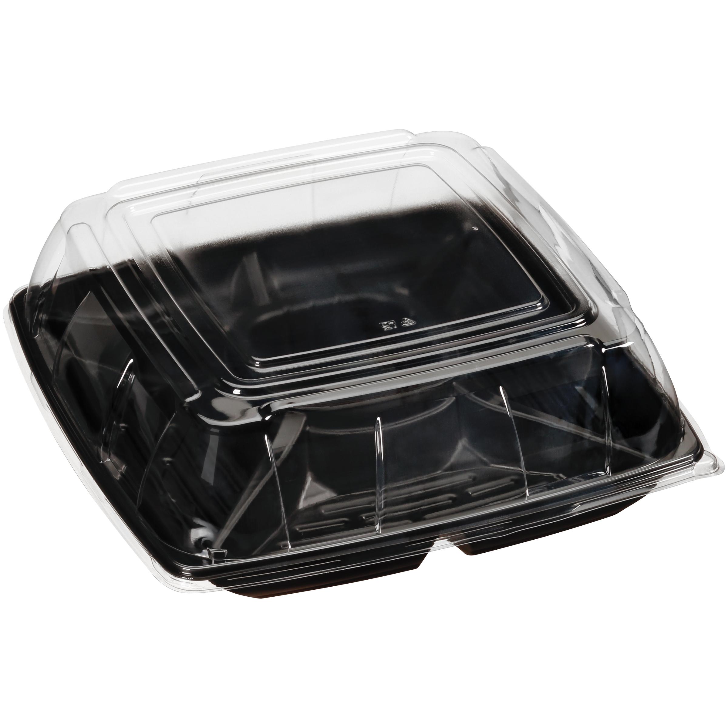 Take-Out Container Base & Lid Combo With Dome Lid 14X14 IN 4 Compartment Plastic Black Clear Square 25/Case