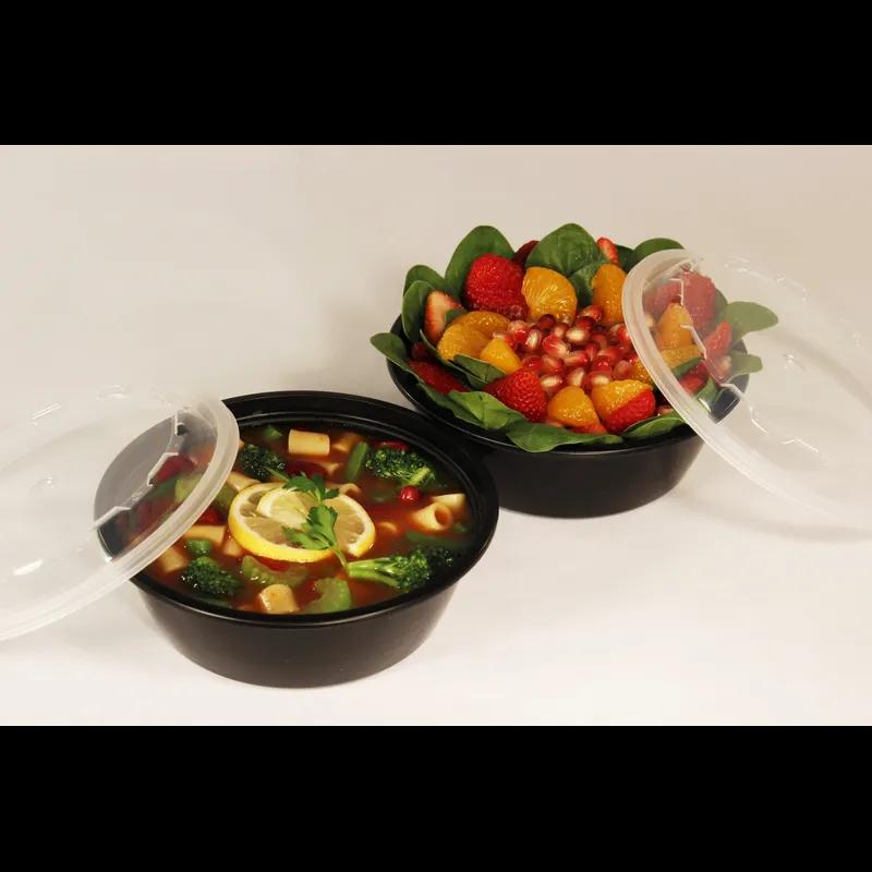 Take-Out Container Base & Lid Combo With Dome Lid 18 OZ Plastic Black Clear Round 150/Case