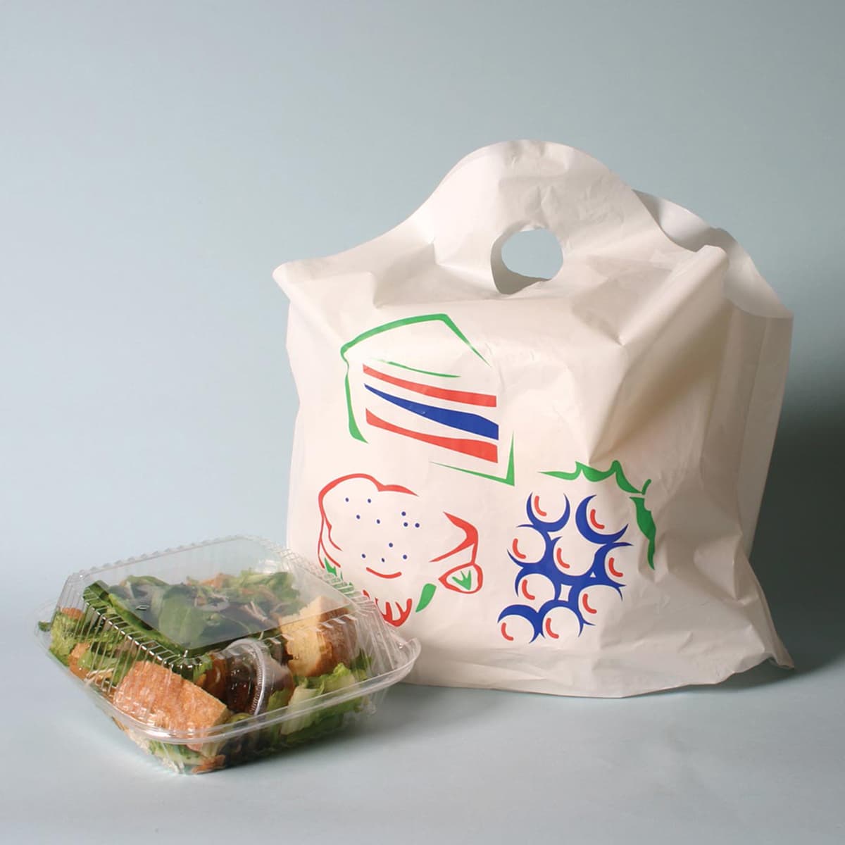 Take-Out Bag 12X5X13 IN HDPE 1.2MIL White Printed With Wave Top Closure Bottom Gusset With Handle 1000/Case