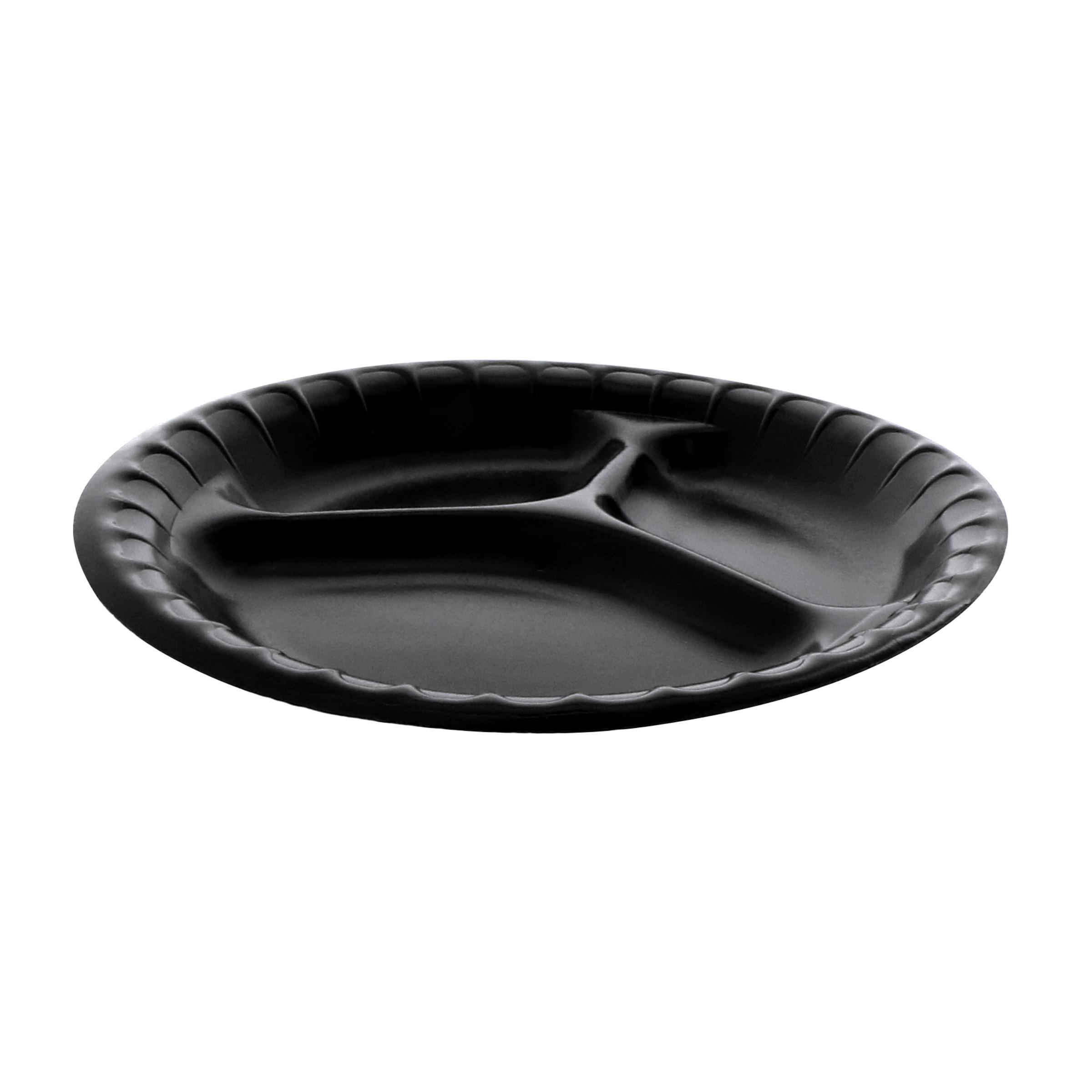Plate 8.9X0.8 IN 3 Compartment Polystyrene Foam Black Round Laminated 500/Case
