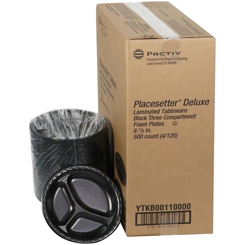 Plate 8.9X0.8 IN 3 Compartment Polystyrene Foam Black Round Laminated 500/Case