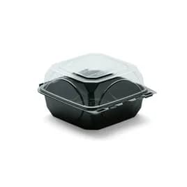 The BOTTLEBOX ® Take-Out Container Hinged With Dome Lid 6X6X3 IN RPET Black Clear Square Squat 250/Case