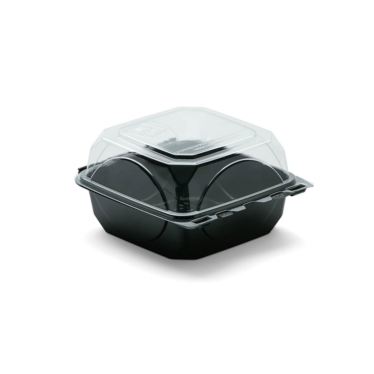 The BOTTLEBOX ® Take-Out Container Hinged With Dome Lid 6X6X3 IN RPET Black Clear Square Squat 250/Case