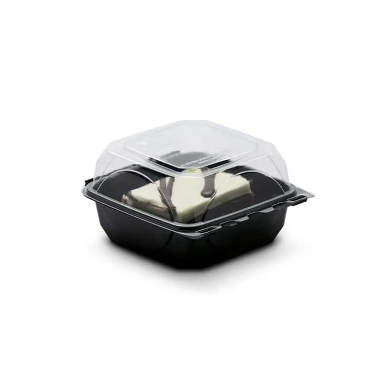 The BOTTLEBOX ® Take-Out Container Hinged With Dome Lid 6X6X3 IN RPET Black Clear Square Squat 250/Case