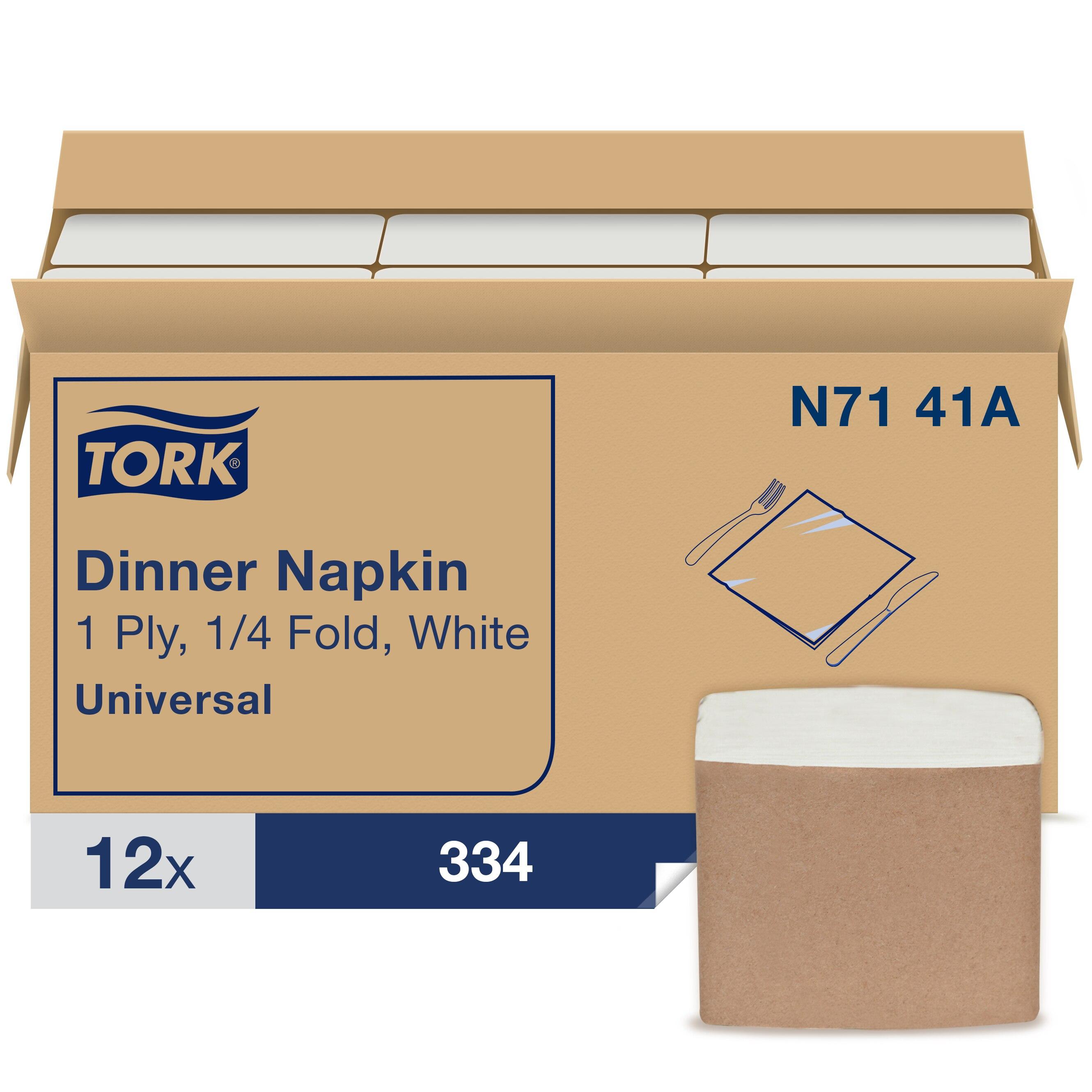 Tork Dinner Napkins Universal 17X16.875 IN 8.5X8.5 IN White Paper 1PLY 1/4 Fold Embossed 334 Count/Pack 12 Packs/Case