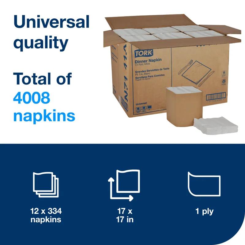 Tork Dinner Napkins Universal 17X16.875 IN 8.5X8.5 IN White Paper 1PLY 1/4 Fold Embossed 334 Count/Pack 12 Packs/Case