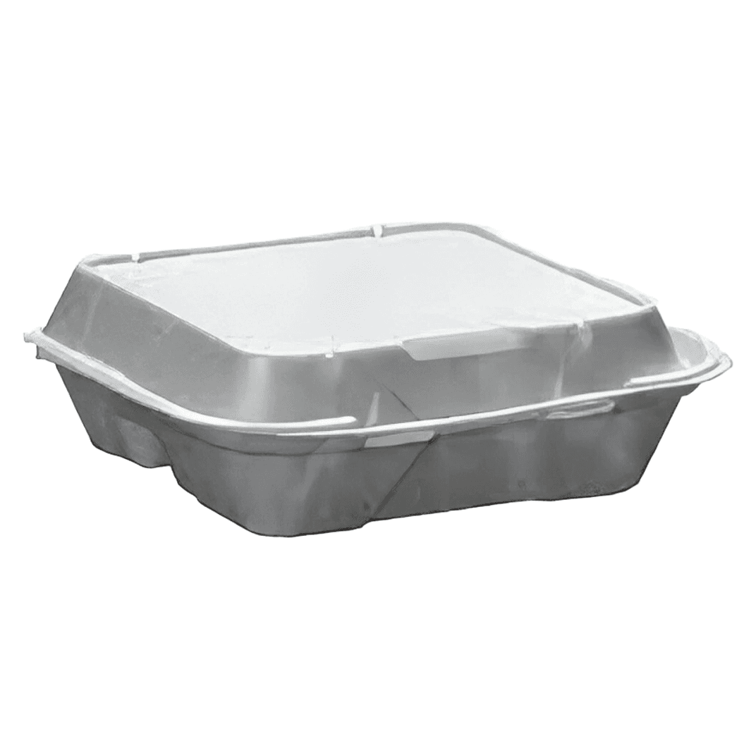 Take-Out Container Hinged With Dome Lid Large (LG) 9.25X9.25X3 IN 3 Compartment Polystyrene Foam White Square 200/Case