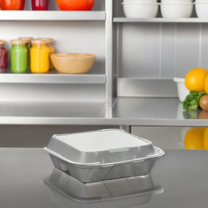 Take-Out Container Hinged With Dome Lid Large (LG) 9.25X9.25X3 IN 3 Compartment Polystyrene Foam White Square 200/Case