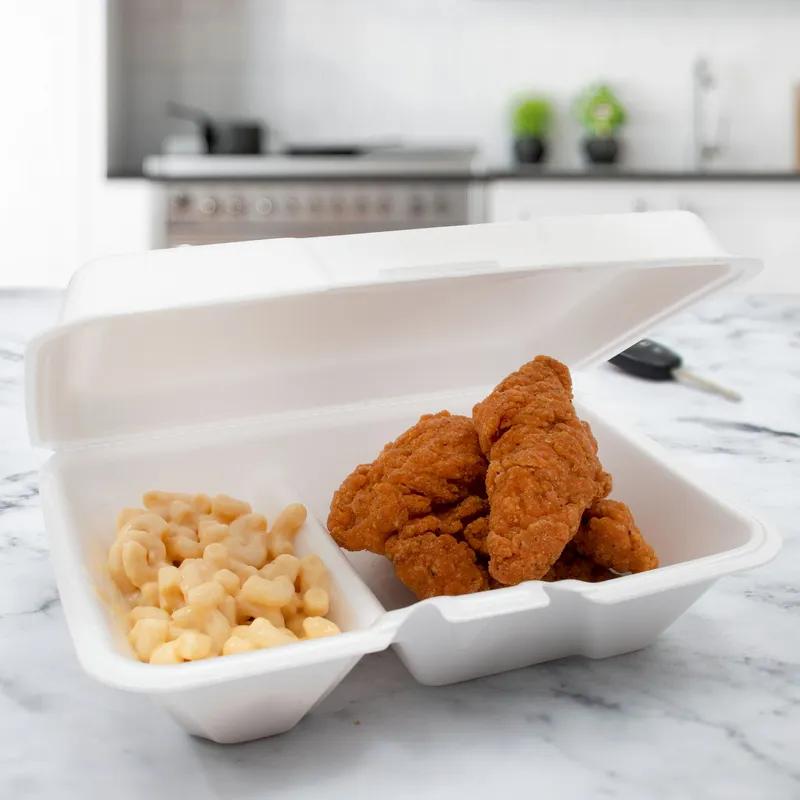 Dart® Take-Out Container Hinged 9.25X6.42X2.9 IN 2 Compartment XPS White Insulated Convertible 100 Count/Pack 2 Packs/Case