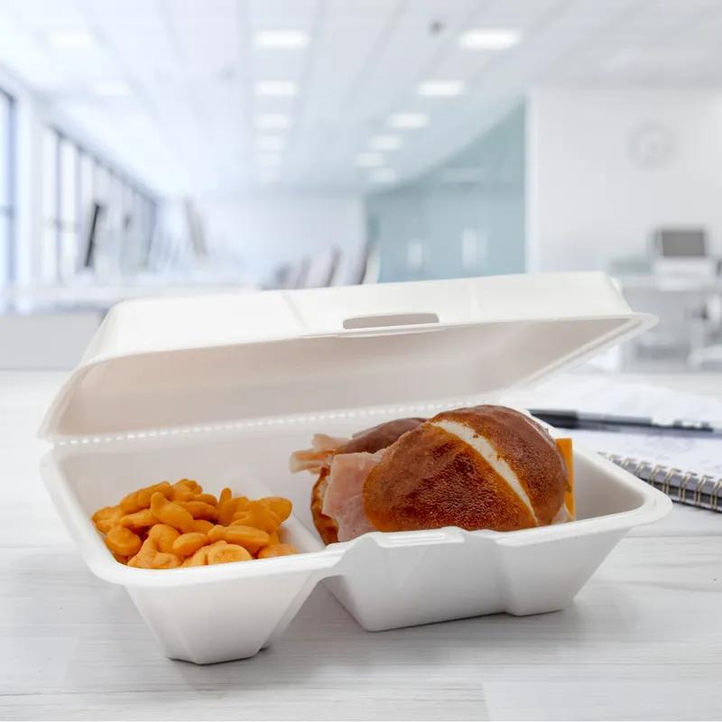 Dart® Take-Out Container Hinged 9.25X6.42X2.9 IN 2 Compartment XPS White Insulated Convertible 100 Count/Pack 2 Packs/Case