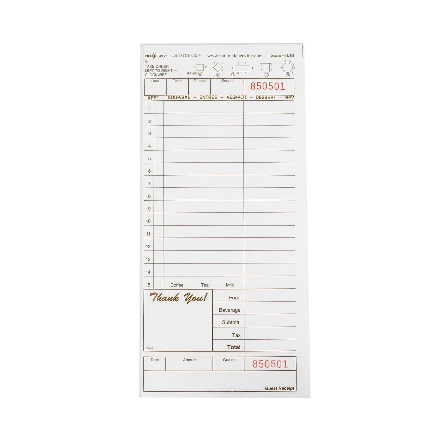 Guest Check Large (LG) 4.25X9 IN Paper Cardboard Tan 1-Part 2000/Case