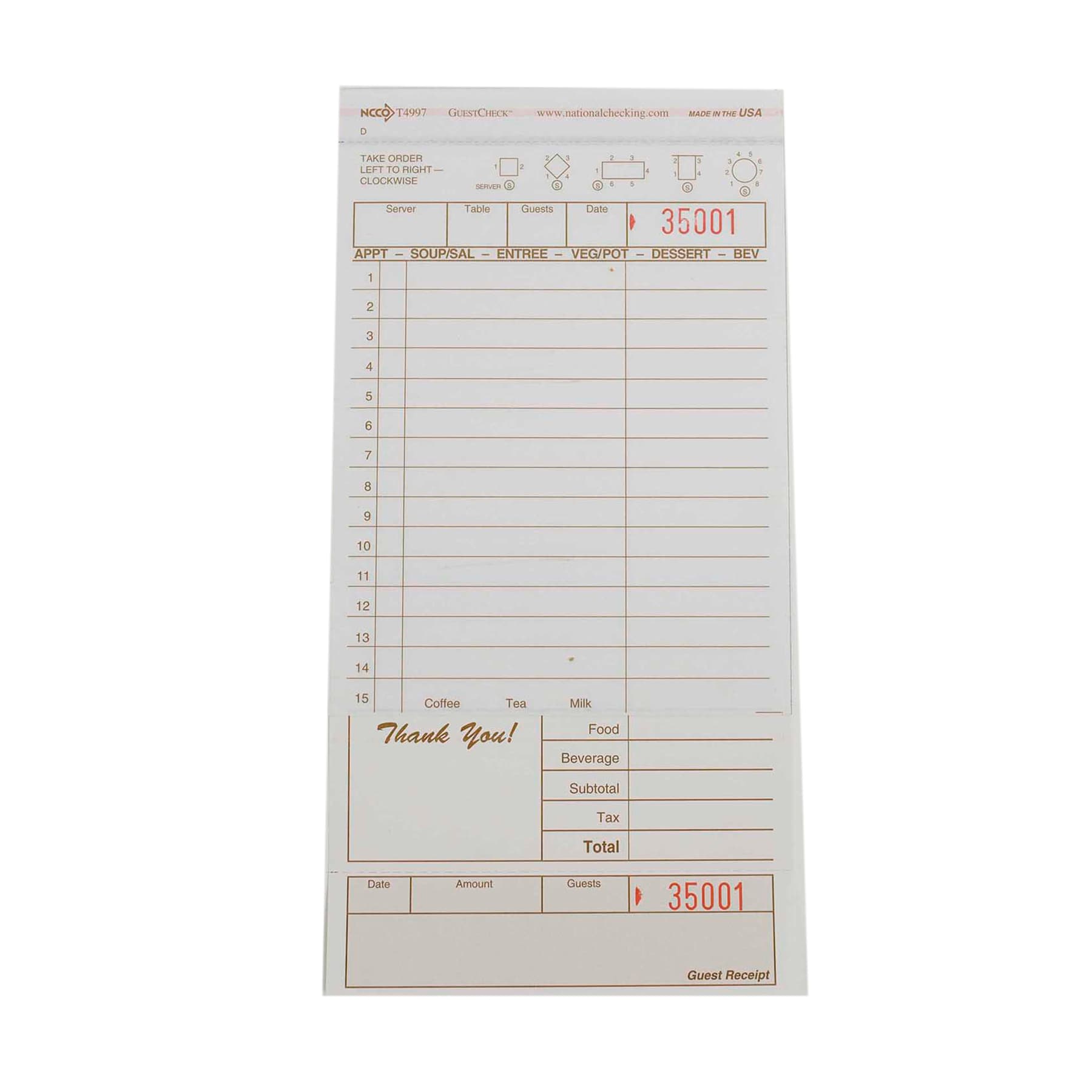 Guest Check 4.25X8.5 IN 2-Part Carbonless Large 50 Count/Pack 40 Packs/Case