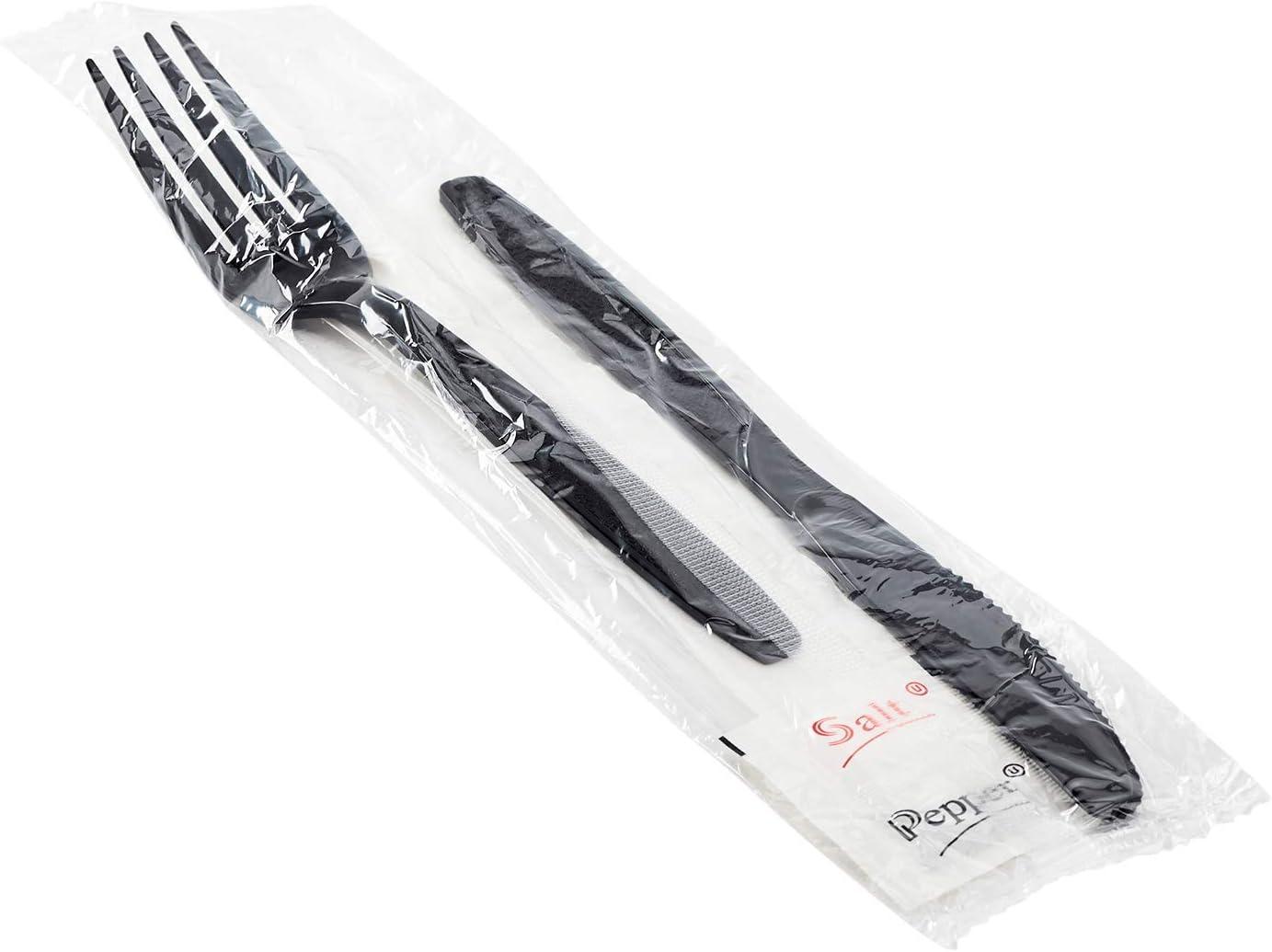 5PC Cutlery Kit Black Extra Heavy Duty With Napkin,Fork,Knife,Salt & Pepper 250/Case