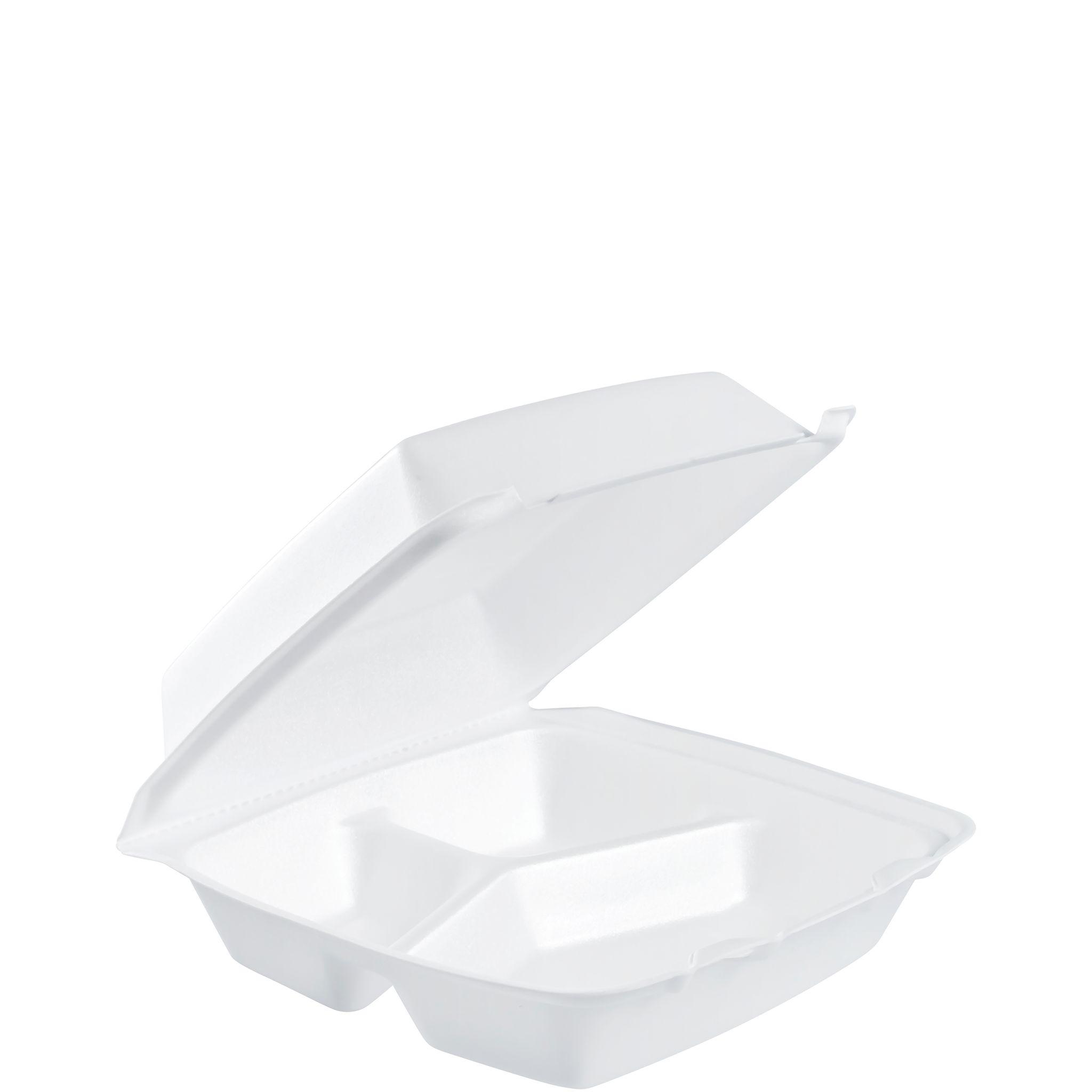 Dart® Take-Out Container Hinged 8.36X7.96X3.2 IN 3 Compartment XPS White Insulated Convertible 100 Count/Pack 2 Packs/Case
