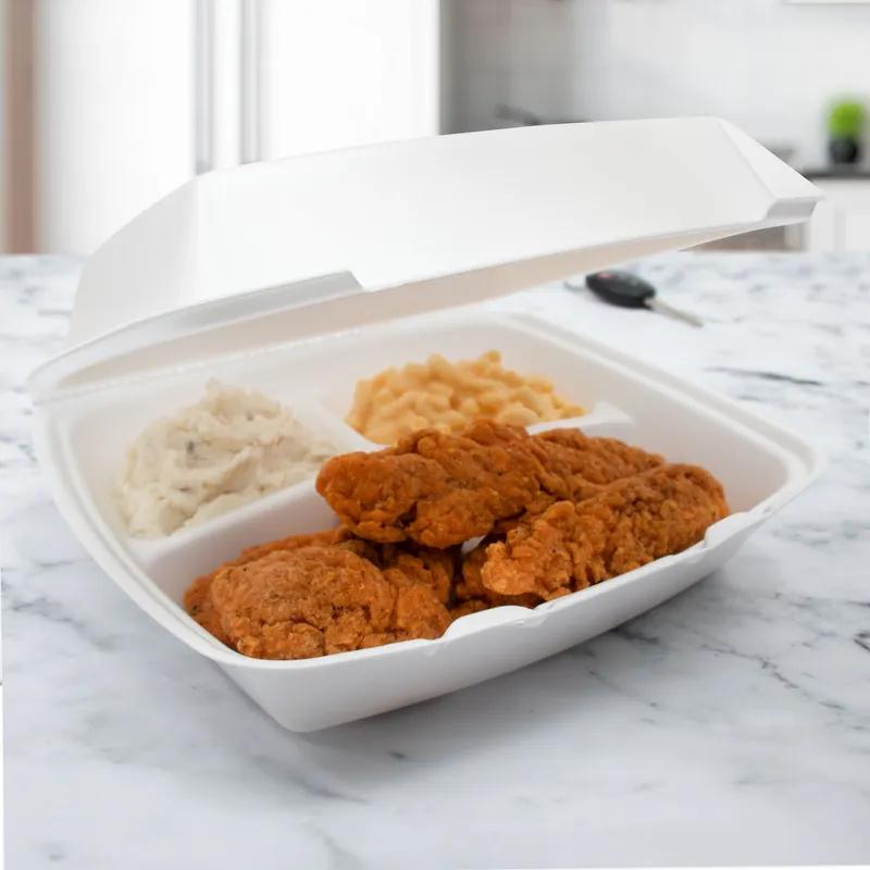 Dart® Take-Out Container Hinged 8.36X7.96X3.2 IN 3 Compartment XPS White Insulated Convertible 100 Count/Pack 2 Packs/Case