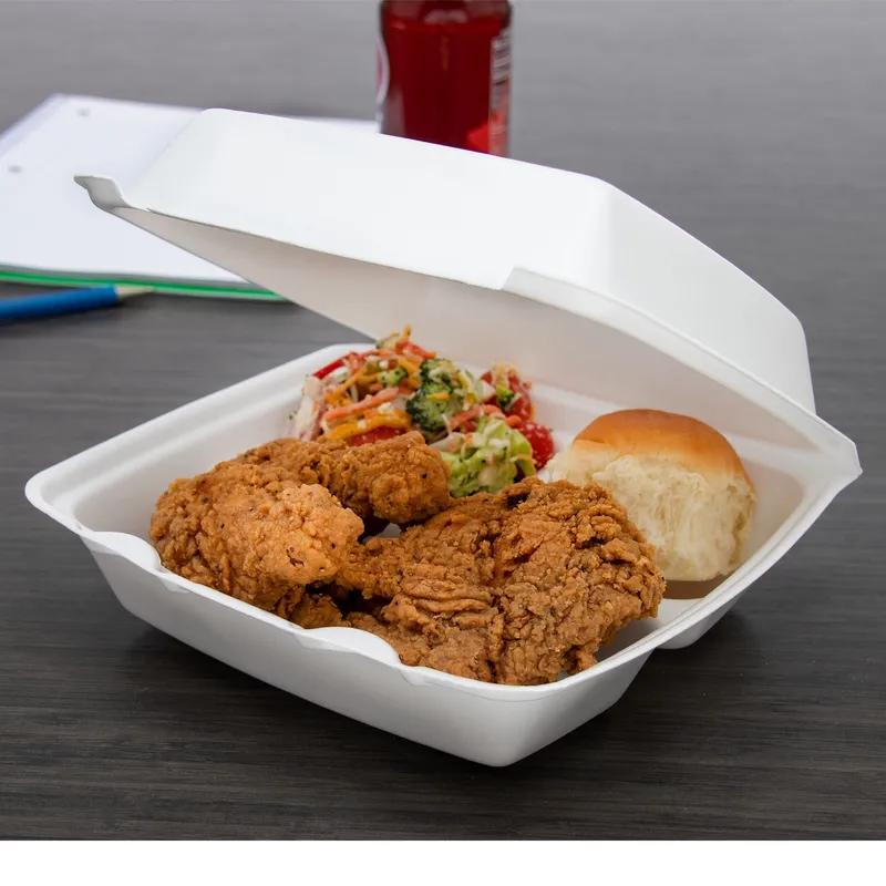 Dart® Take-Out Container Hinged 8.36X7.96X3.2 IN 3 Compartment XPS White Insulated Convertible 100 Count/Pack 2 Packs/Case