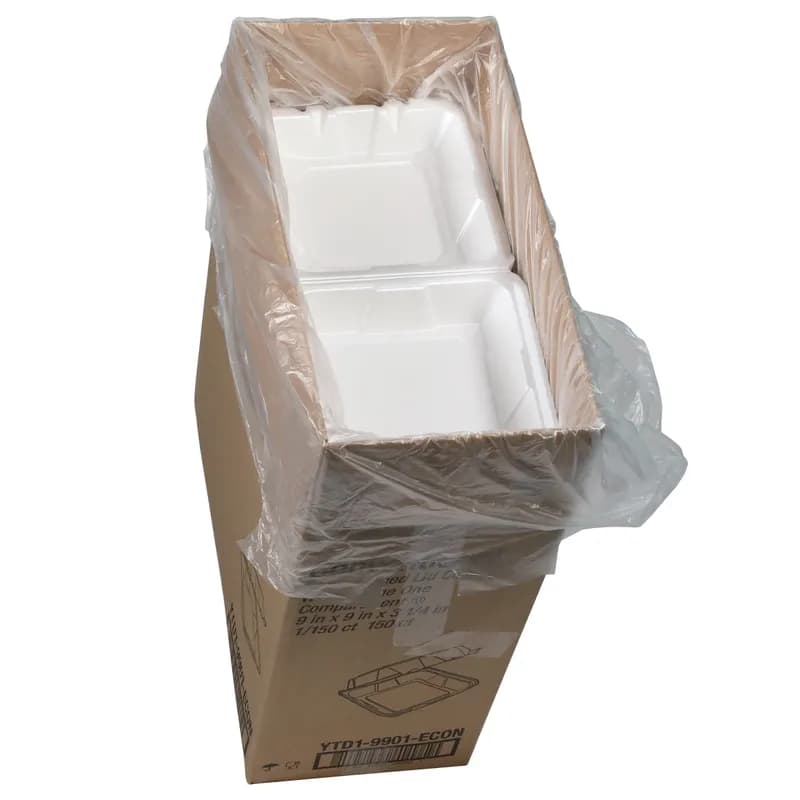 Take-Out Container Hinged With Dome Lid 9.1X9X3.3 IN Polystyrene Foam White Square 150/Case