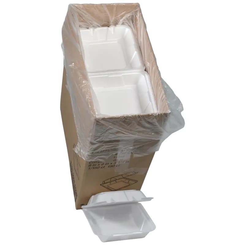 Take-Out Container Hinged With Dome Lid 9.1X9X3.3 IN Polystyrene Foam White Square 150/Case